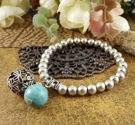

BR213 Tibetan Silver Color Balls Howlite Stone vintage Beaded Bracelet Bangle Fashion jewelry Gift for woman