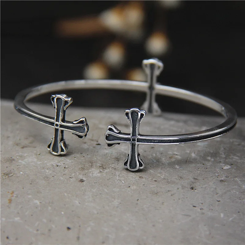 

Fashion Jewelry S925 Sterling Silver Retro Thai Silver Men And Women Personalized Punk Rock Style Cross Bangle Open Ended