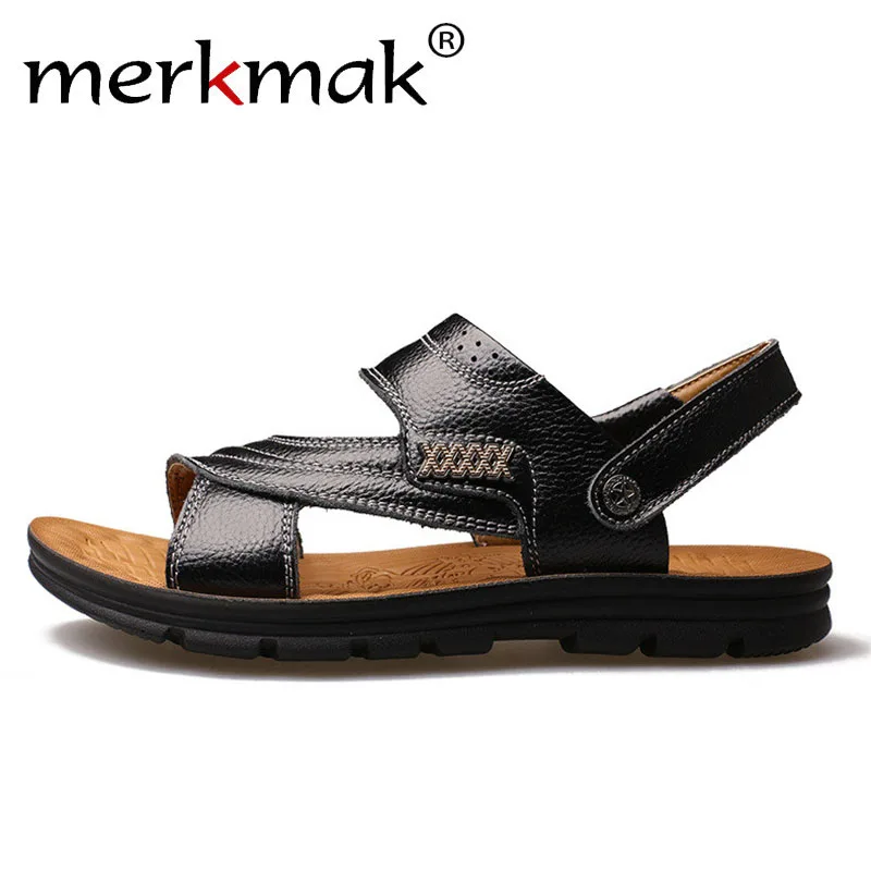 

Merkmak Leisure Men's Sandals New Hot Summer Beach Shoes Genuine Leather Shoes Men Flats Footwear Brand Sandal Slippers Flats