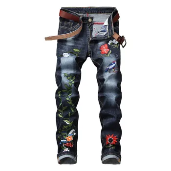 

2019 New Fashion jeans Men's Embroidered Zipper open Men's Small Straight Leg pants Slim Straight Denim pants Size 29-36 38