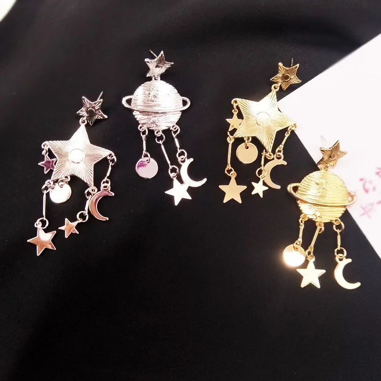 

925 Silver Needle Women Planet Star Moon Drop Earrings Asymmetric Exaggerated Saturn Universe Long Pentagram Tassel Earrings