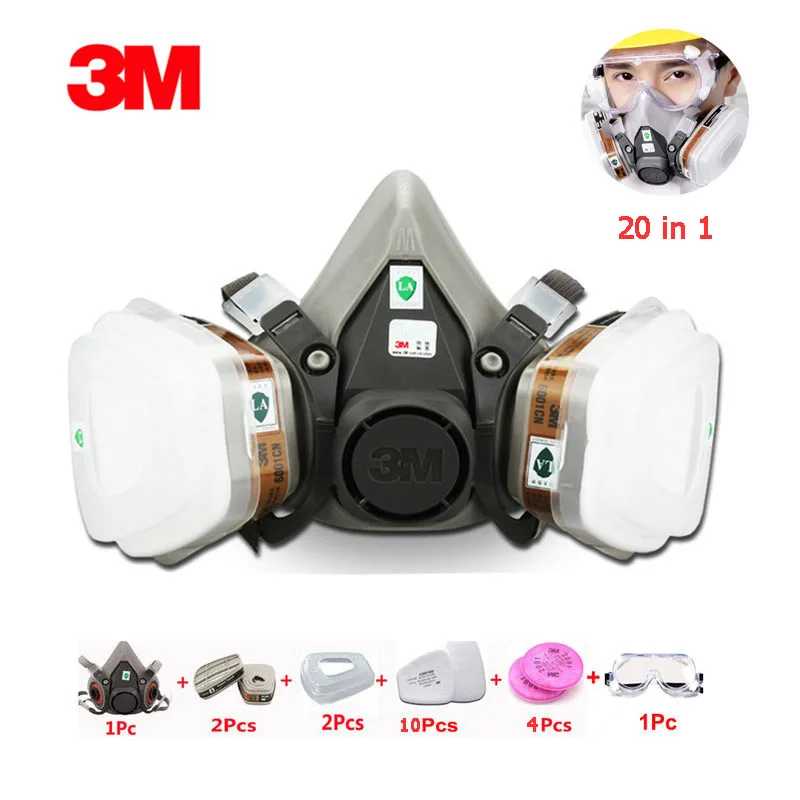 

20 pcs in 1 set of 3M 6200 Gas Mask Work Chemical Spray Anti-fog Protective Glasses 2091 Anti-particle Harf Face Respirator