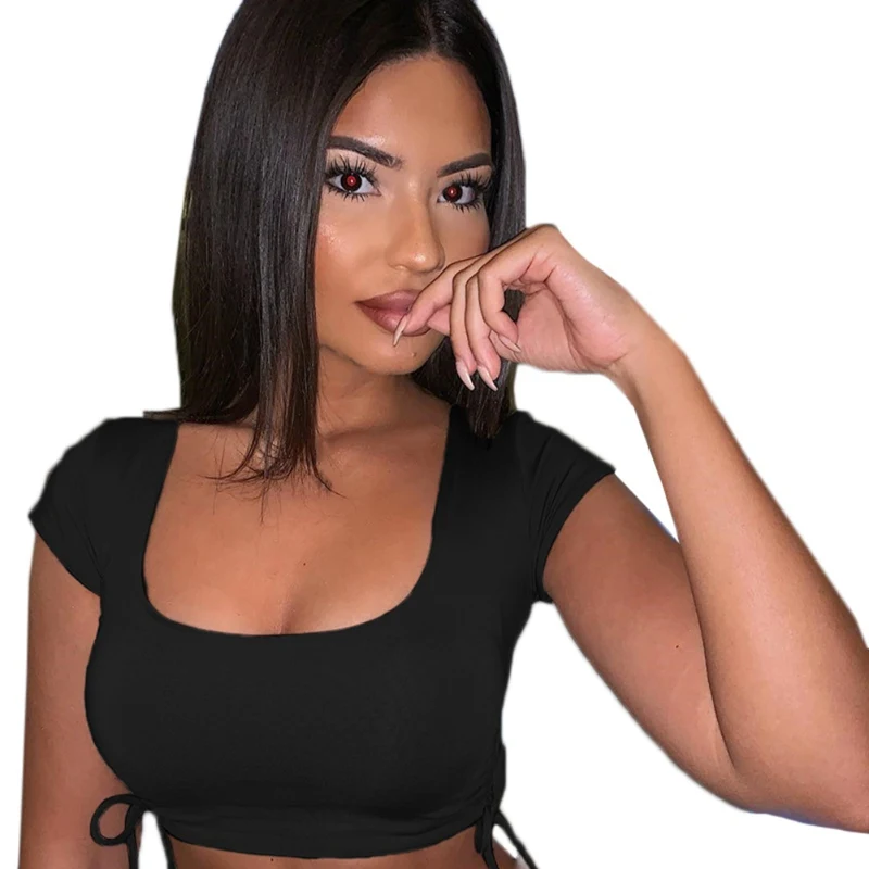 

2019 New Summer Short Sleeves Tops Sexy Side Pleated Basic Tees Cropped Tops Fashion Solid Slim Square Collar Fitting Tank Tops
