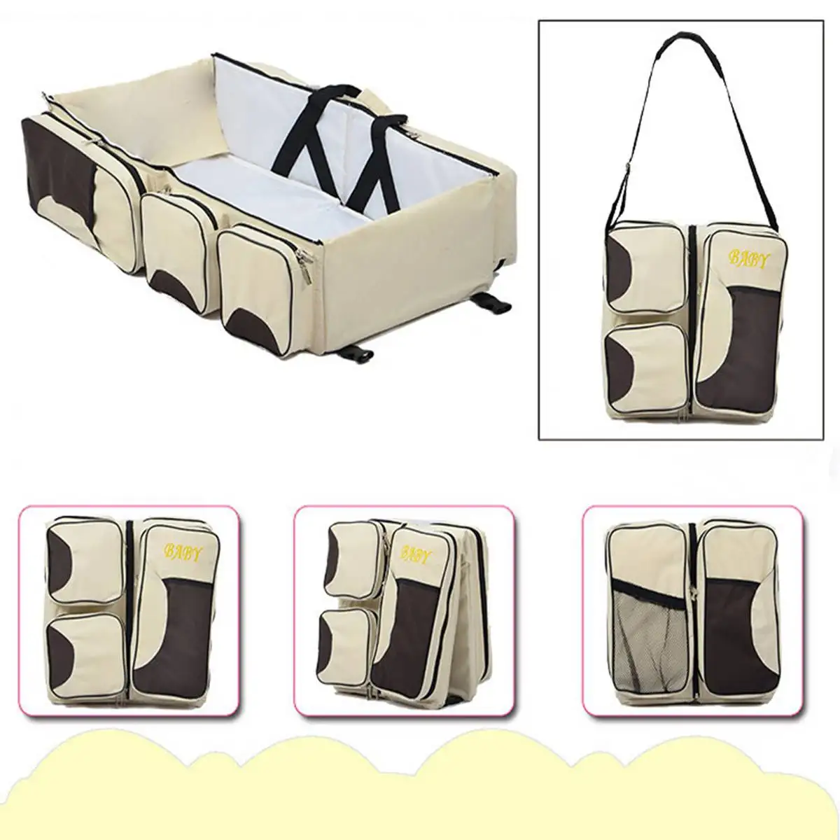 

Fashion Diapers Bag Folding Mummy Travel Baby Bed Kids Bottle Cloth Case Large Space Nappy Bag 3 in 1 Portable Nappy Nursing Bag