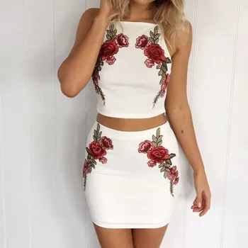 

Summer Sexy Floral Embroidered strapless Sleeveless crop top hip package min skirt Women 2 pieces sets slim shorts Halter Top