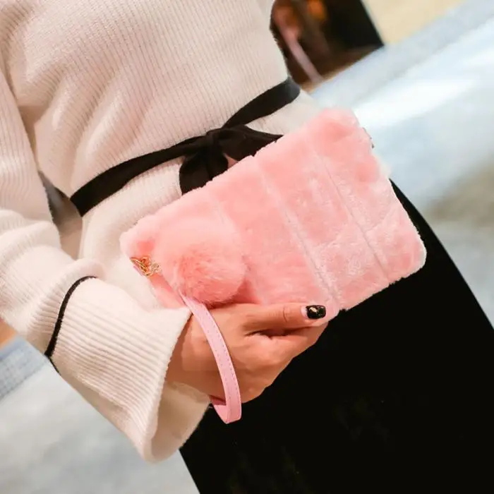 Зимняя женская сумка-клатч с плюшевым помпоном, одноцветная сумка для девушек, вечерняя сумка-конверт, Лучшая распродажа-WT