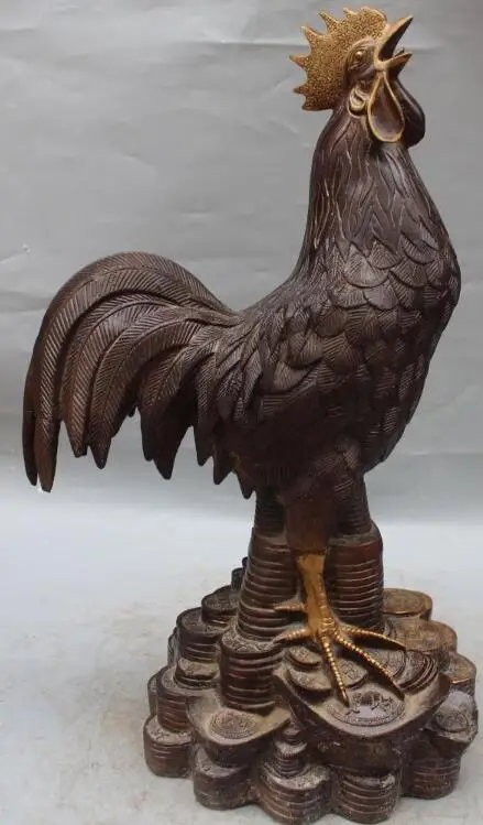 

S6900 20" lucky Chinese Bronze Gilt FengShui Wealth Chicken Rooster Cock Animal Statue D0318