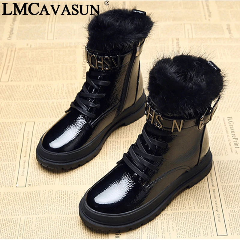 

LMCAVASUN New 2018 Genuine Leather Women Boots Lace Up Martin Boots Women Fur Boots Brand Winter warm Women Shoes