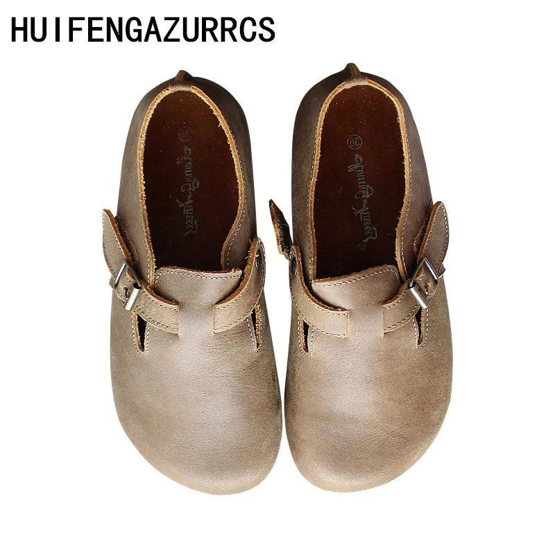 

HUIFENGAZURRCS-Genuine leather shoes,Original handmade shoes round head flat heels retro shallow buckle women's single shoes