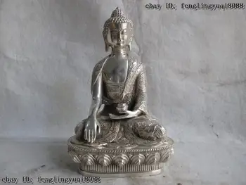 

8 Tibet Buddhism White Copper Silver Dragon Sakyamuni Buddha hold Bowl Statue