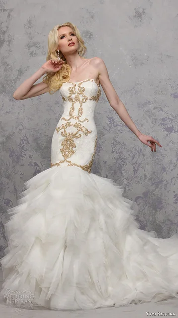 white and gold mermaid wedding dress