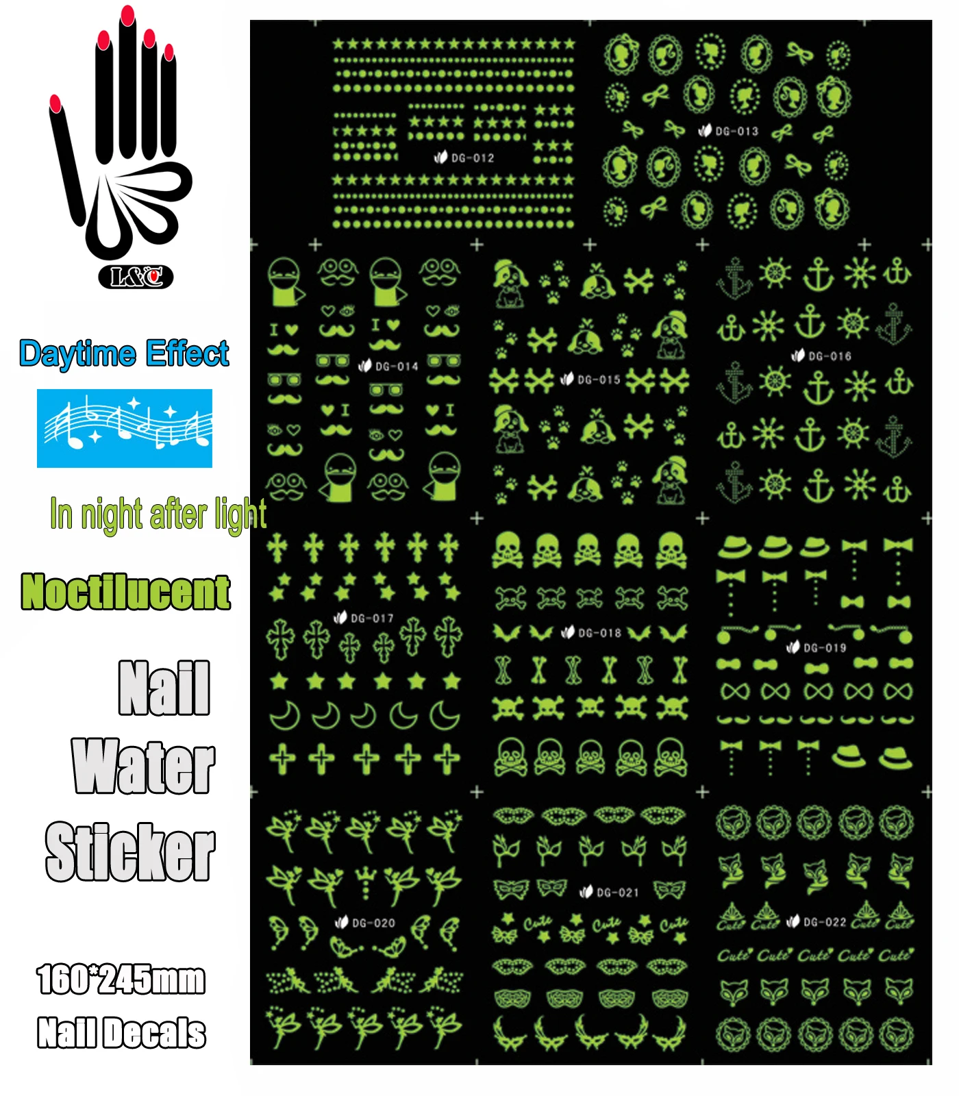 

11 Sheets/Lot Nail Sticker DG012-022 Noctilucent Mix Skull Cross Nail Water Transfer Sticker Decal For Nail(11 DESIGNS IN 1)