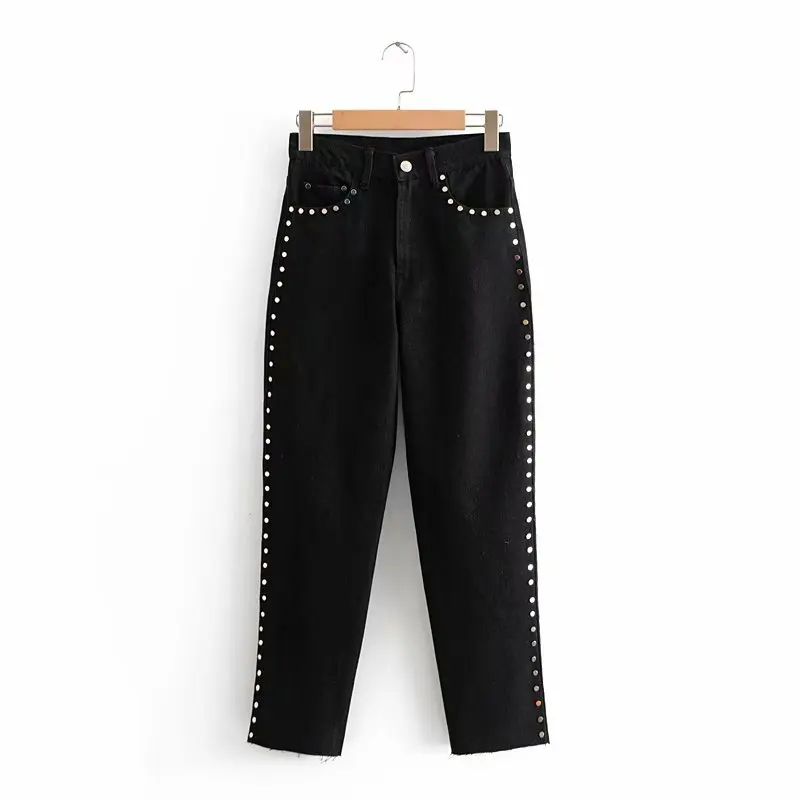 ASDS для женщин тяжелый заклепки украшения черные джинсы талии Slim Fit дамы
