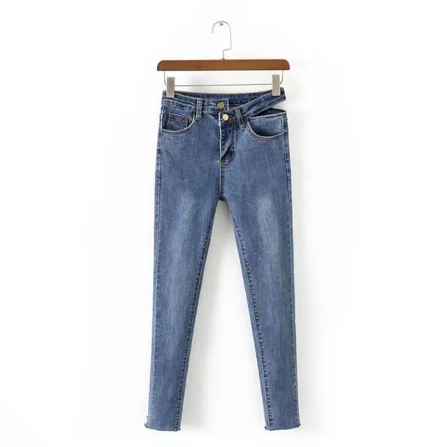 Женские Асимметричные обтягивающие джинсы с вырезами на талии и потертым подолом - Цвет: light blue