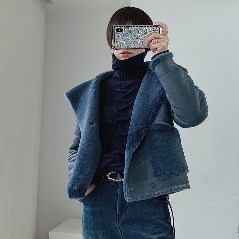 Réversible Mérinos Veste En Longues Manteau Manches Peau Femmes Bleu De Rf0327 Fourrure À Mouton Réel tvrqwztx7