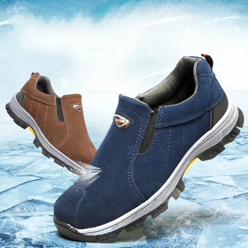 

men's plus size breathable steel toe caps working safety shoes slip-on cow suede leather tooling security boots protection male