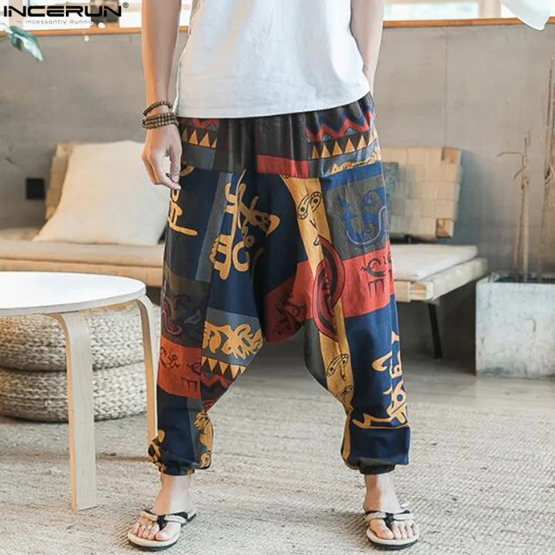 

2019 Ethnic Retro Men Cross-Pants Wide Leg Linen Harem Pants Men Elastic Waist Loose HipHop Crotch Pants Man Joggers Trousers