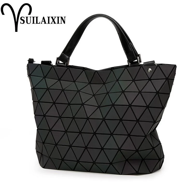 

2018 Women Bucket Bag Geometry Sequins Mirror Laser Plain Folding Shoulder Bags Luminous PU Tote Handbags