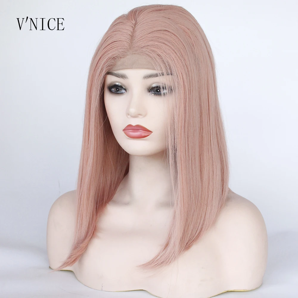 V'NICE Rose Golden Pink Wig Synthetic Lace Front Bob Straight Wigs Short Bob Elastic Lace