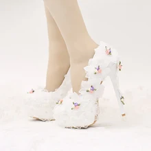 2017 Design Fashion White Chiffon FLower Bridal Shoes Beautiful Applique Bride Wedding Party Shoes Birthday Prom High Heel Pumps
