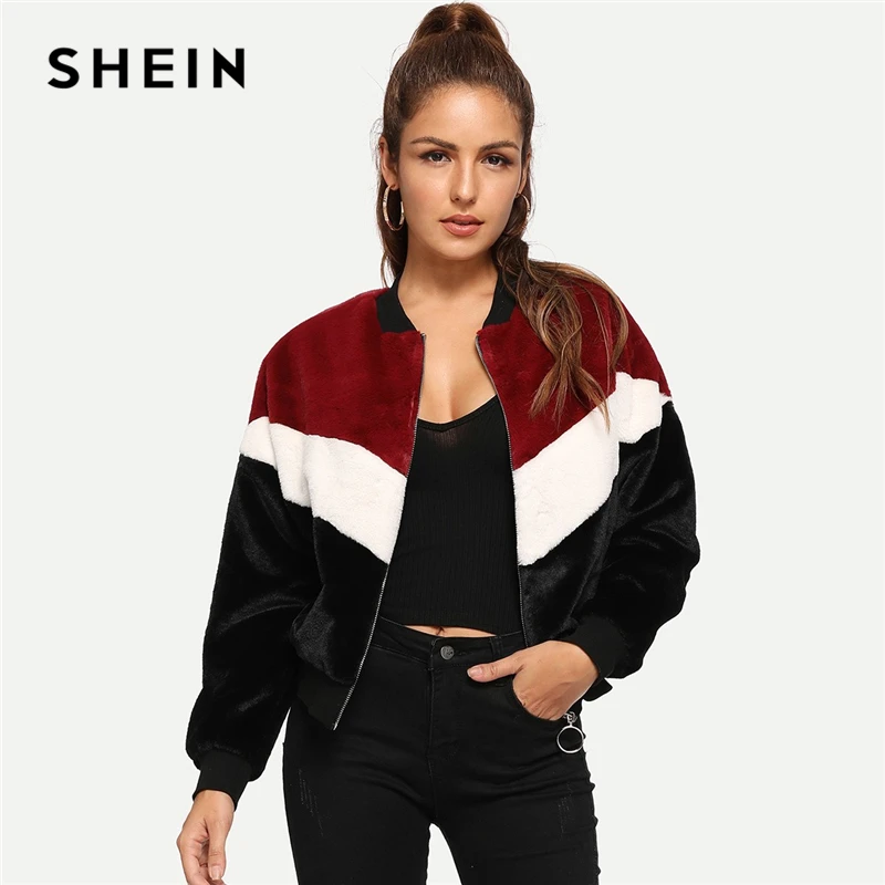

SHEIN Multicolor Weekend Casual Chevron Fuzzy Teddy Colorblock Zipper Jacket 2018 Autumn Streetwear Women Coat And Outwear