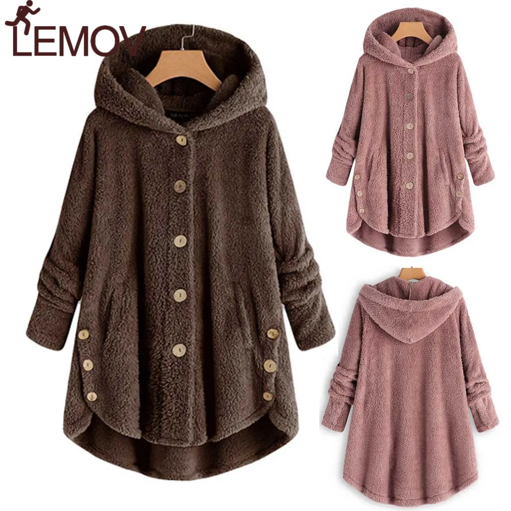 

Hot Winter Plus Size S-5XL Women Button Coat Fluffy Tail Tops Hooded Pullover Loose Oversize Coats Warm Outwear For women Jacket