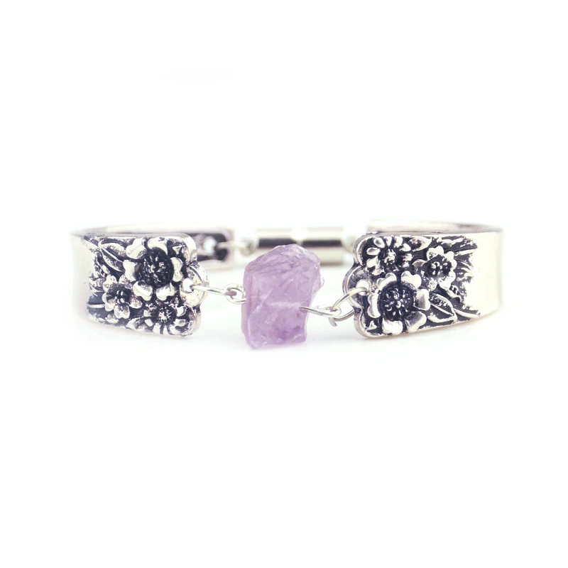 

1pc Vintage Spoon Bracelet Purple Crystal Raw Crystal Stone Pendant Bangle Daisy Flower Bracelet Jewelry