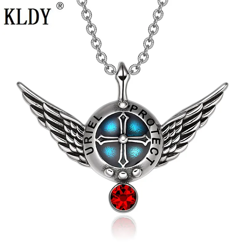 

KLDY Punk Stainless nature stone Pendant Angel Wings Protection Shield Magic Powers Charm Red Crystal Pendant Necklace wholesale