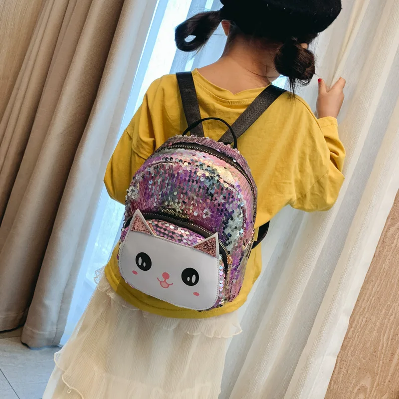  Kid Backpack Sequins Cartoon Cat Print Bags Kindergarten Toddler Children School Backpack For Girls - 33009479237
