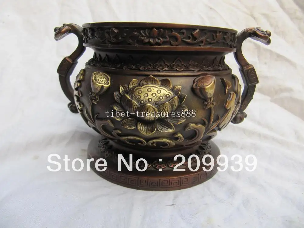 

007 carved phoenix lotus flower RUYI buddhism censer classical red bronze statue fast shipping
