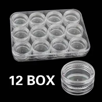 

NEW 12 Small Pots Set Nail Art Empty Storage Box Plastic Powder Paillette Crystal Clear Case