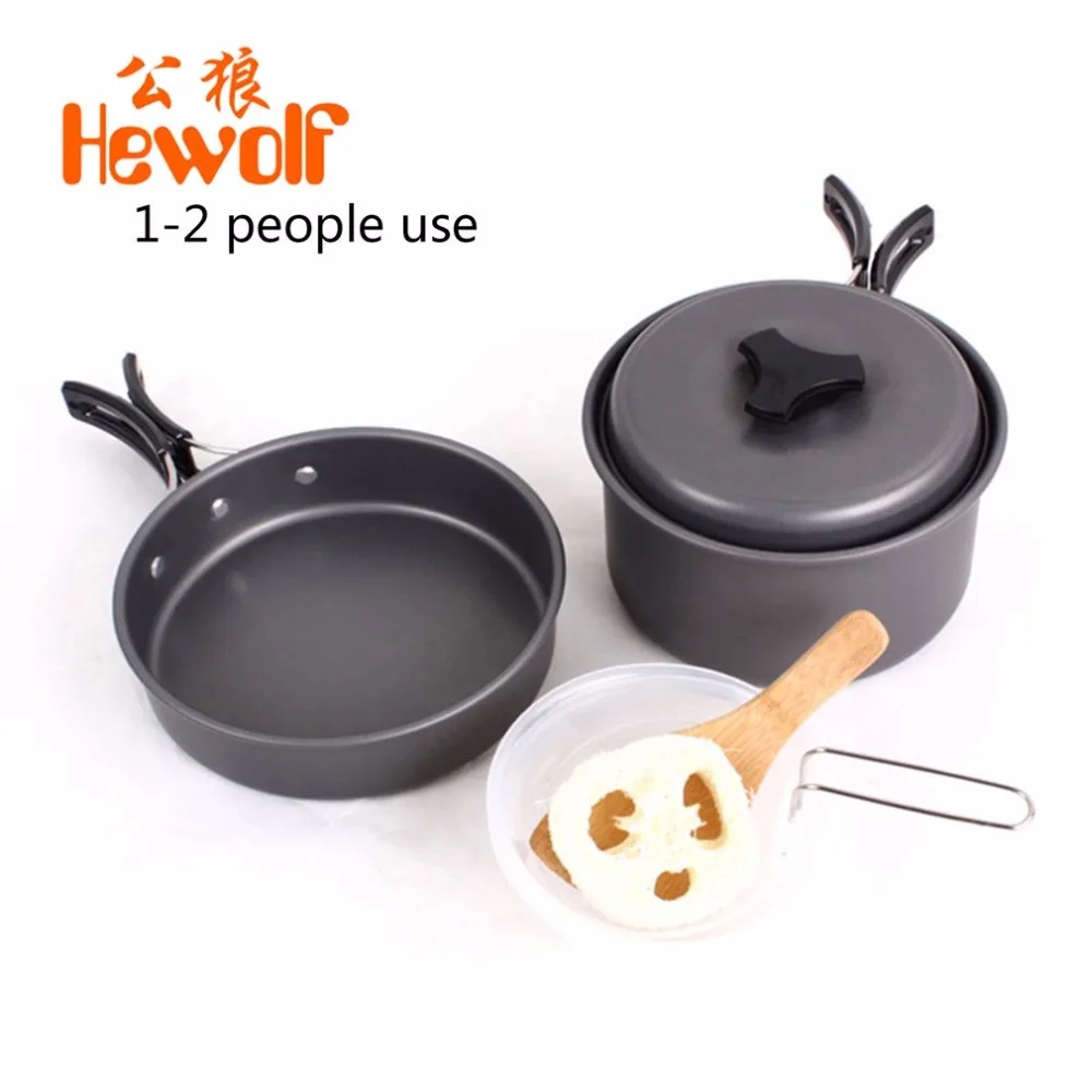 Hewolf Outdoor Aluminum Non stick Pots Pans Bowls Foldable Handle