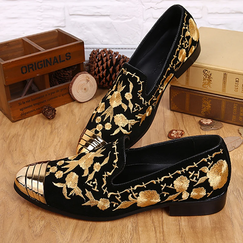 Gold Embroidery Mens Velvet shoes Metallic Toe Luxurious Loafers Dress