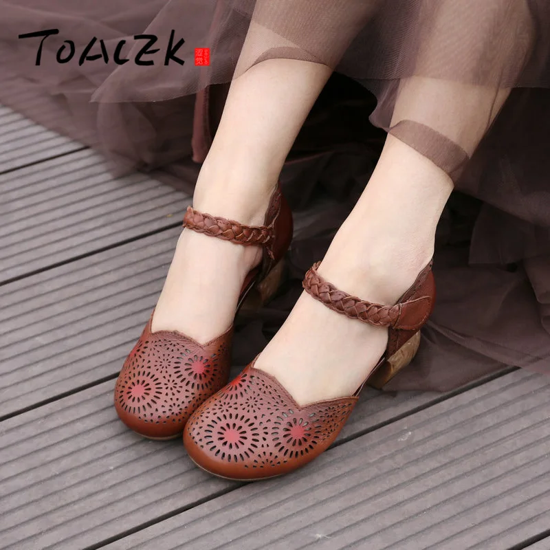 

Leather coarse heel sandals, fairy style new handmade singles shoes, summer hollowed high heels