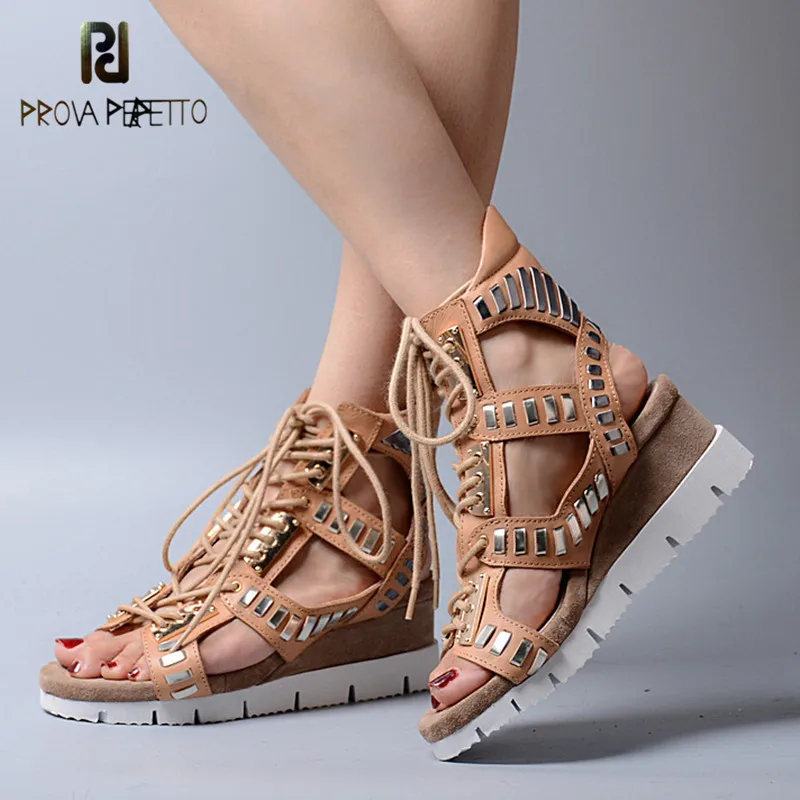 

Prova Perfetto 2018 Original Summer New Style Wedges Genuine Leather Sandals Fashion Lace up Hollow out Sport Sandals Female