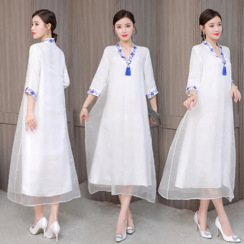 

2019 New Spring Summer High Quality Women Fashion Retro Style Chinese Dress Literary Artistic Work Wear Plus Size White Dresses
