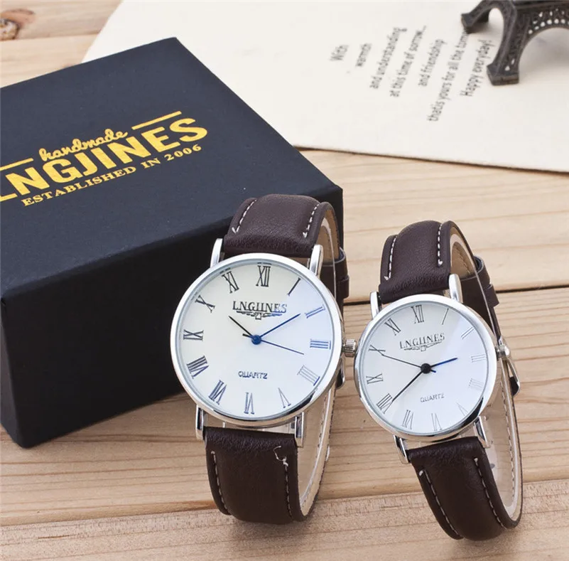 

2pcs Fashion Couple Watches Casual High Gloss Glass Leather Belt Wrist Watch Set Contains Box Lover Clock Gifts reloj mujer /C