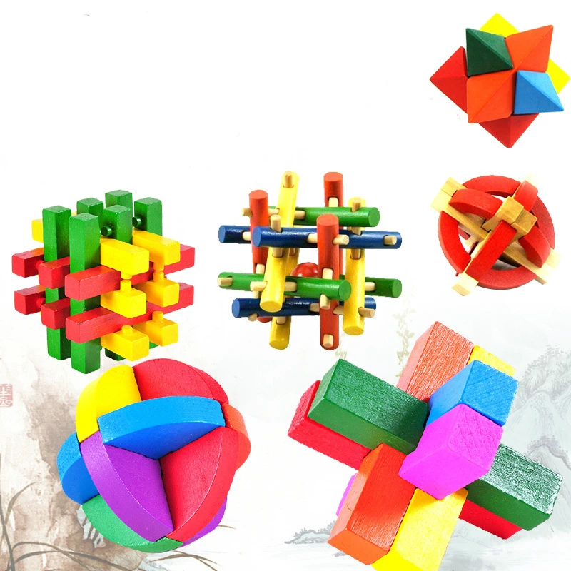10PCS/LOT Multi Color Wood Puzzle Toys Classic IQ 3D Wooden Interlocking Burr Puzzles Mind Brain Teaser Game Toy Adults Children