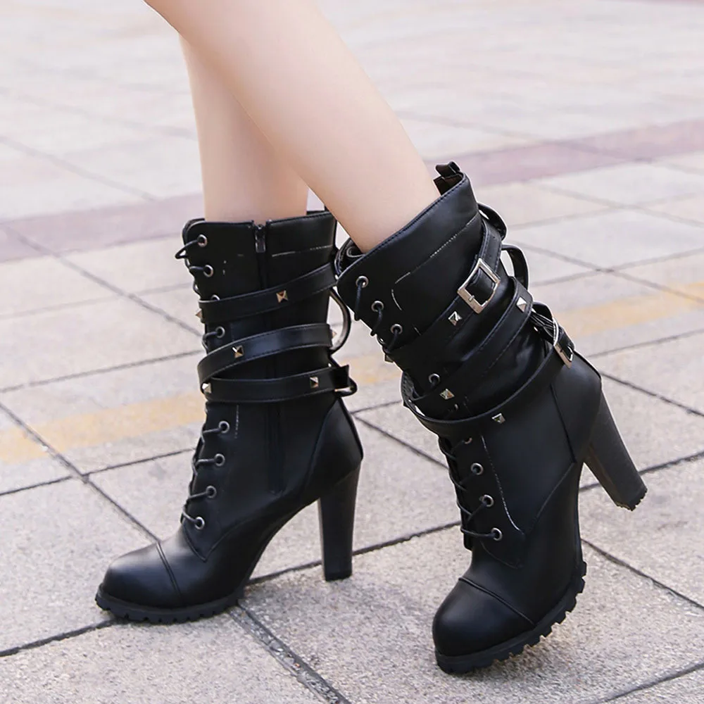 

high heels boots women Ladies buckle strap Rivet gothic shoes black boots Mid-Calf Motorcycle Boots leather women shoes #0829