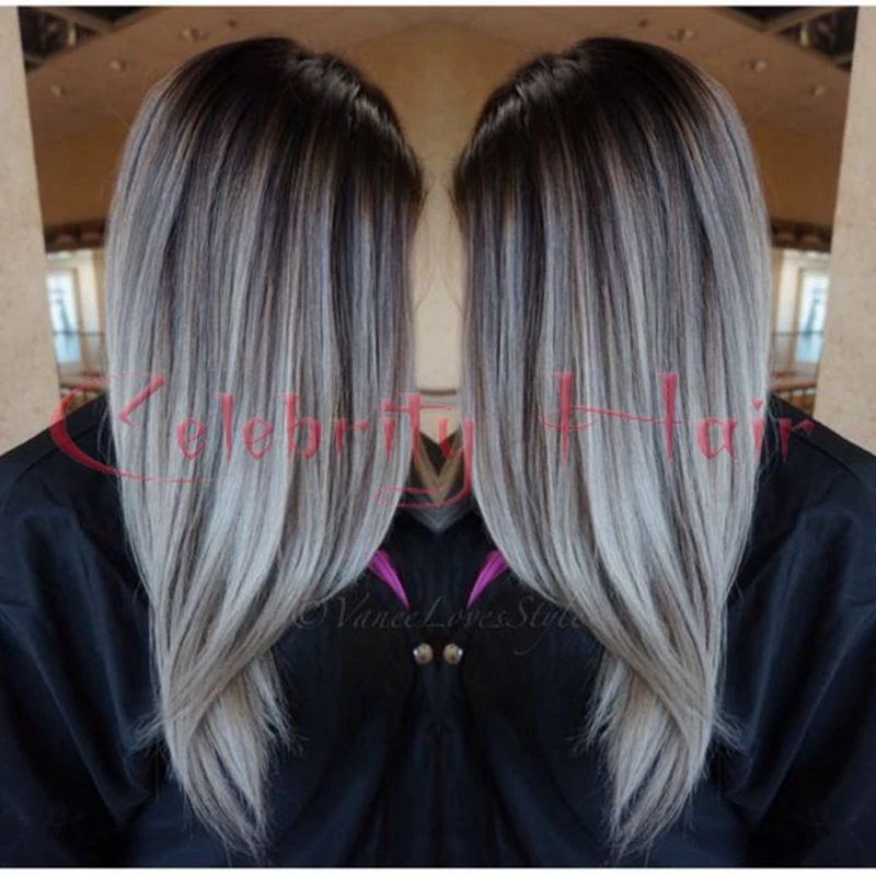 Medium Length Straight Black Ombre Grey Dark Roots 18inch Picture