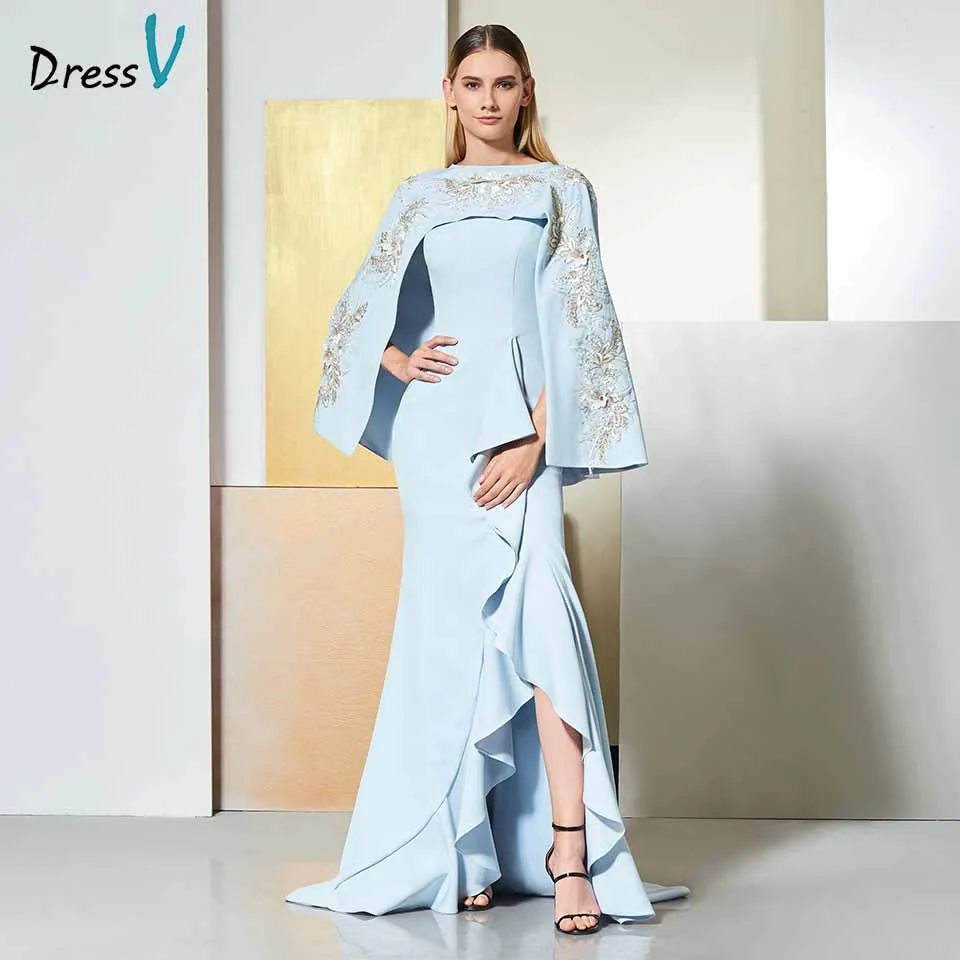 Dressv небесно голубое вечернее платье с глубоким вырезом без рукавов аппликацией