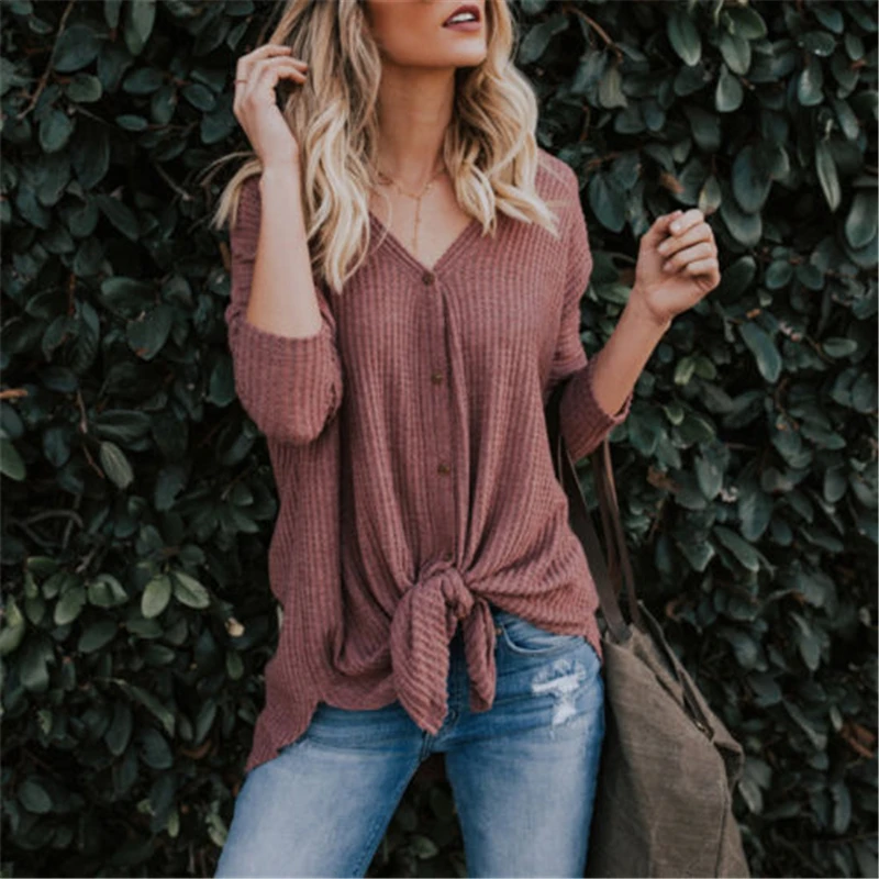 

Ladies Womens Long Sleeve Loose Blouse Casual Shirt V Neck Tops Sexy Lady Shirt Single Breasted Autumn Polyester Belt Knot Tied