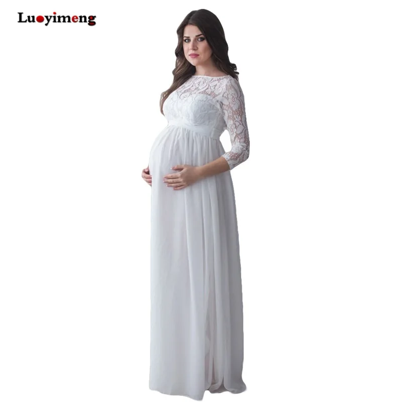 

Lace Pregnant Long Dress Women Casual Long Sleeve O Neck Hollow Out Evening Party Long Maxi Maternity Dresses Pregnancy Clothes