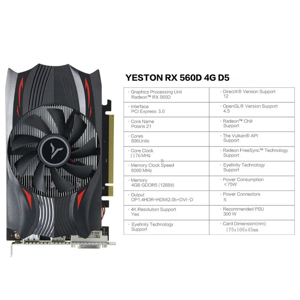 Yeston Radeon RX 560D GPU 4 ГБ GDDR5 128 бит игровой настольный компьютер ПК видеокарты Поддержка DVI-D/HDMI 2.0B