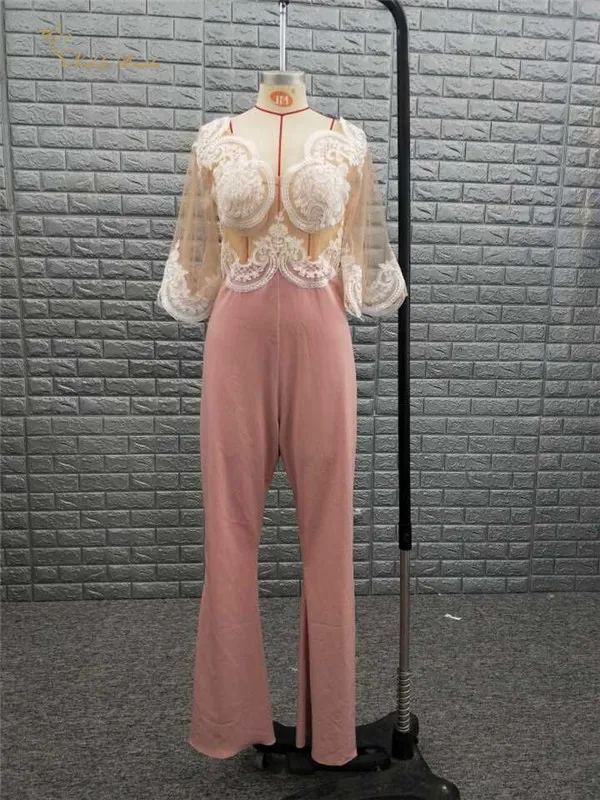 

Transparent Nude Top Pant Blush Long Sleve Evening Dresses Modern V Neck Ankle Length Formal Prom Gowns Robe de soiree