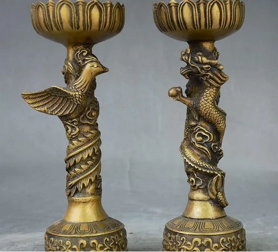 YM 320 China Dynasty Palace Bronze Dragon Phoenix Candle Holder