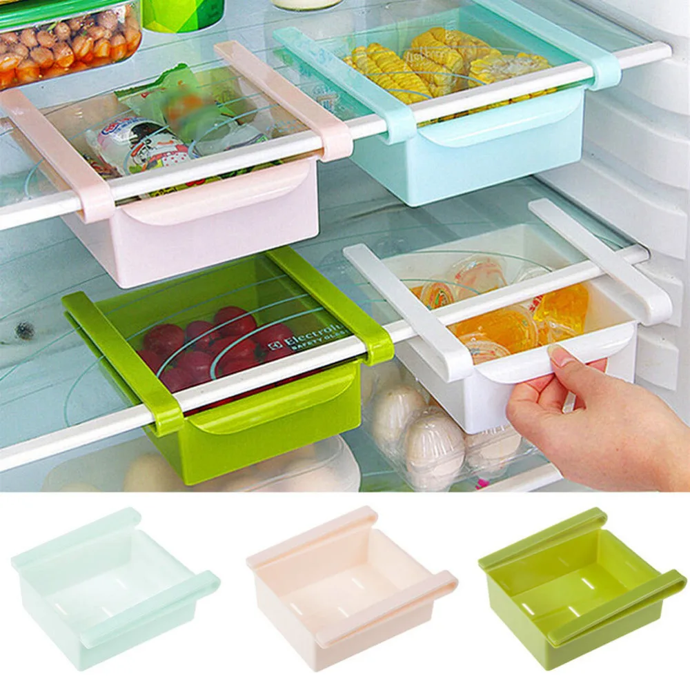 

1PC Small Fridge Storage Rack Layer Partition Refrigerator Storage Holder Pullout Drawer Organizer Kitchen Shelf Rack