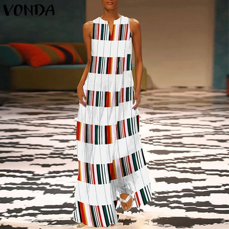 

VONDA Women Dress 2019 Sexy V Neck Sleeveless Striped Plaid Patchwork Maxi Long Party Dresses Casual Loose Vestidos Plus Size