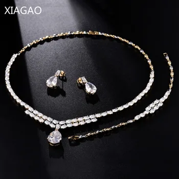 

XIAGAO Gorgeous Water Drop Big Rhinestone Crystal Jewelry Set for Women Bridal Necklace Earrings Bracelet Wedding Gift