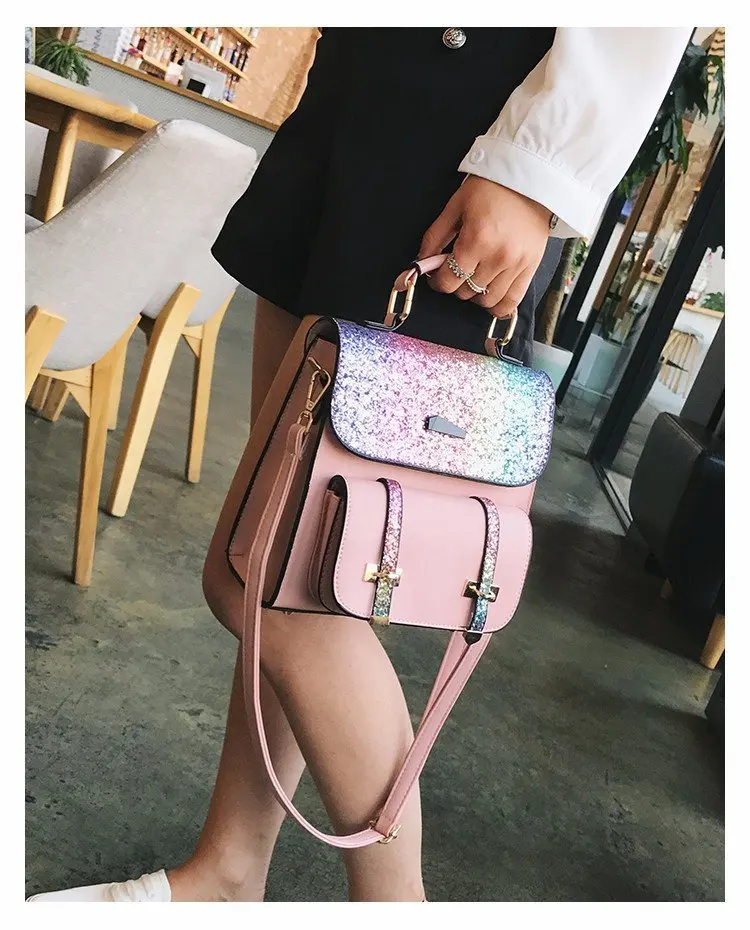 Raylans Women Girls Sequin Backpack Large PU Leather Shoulder Cross Bags Handbag Pink 